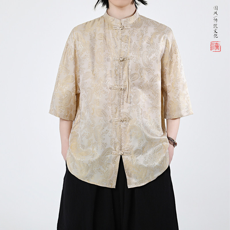 2色八角提花夏季新品2026风汉服短袖衬衫/衬衣A686-p48,男装T恤,钱塘7008(原4008)
