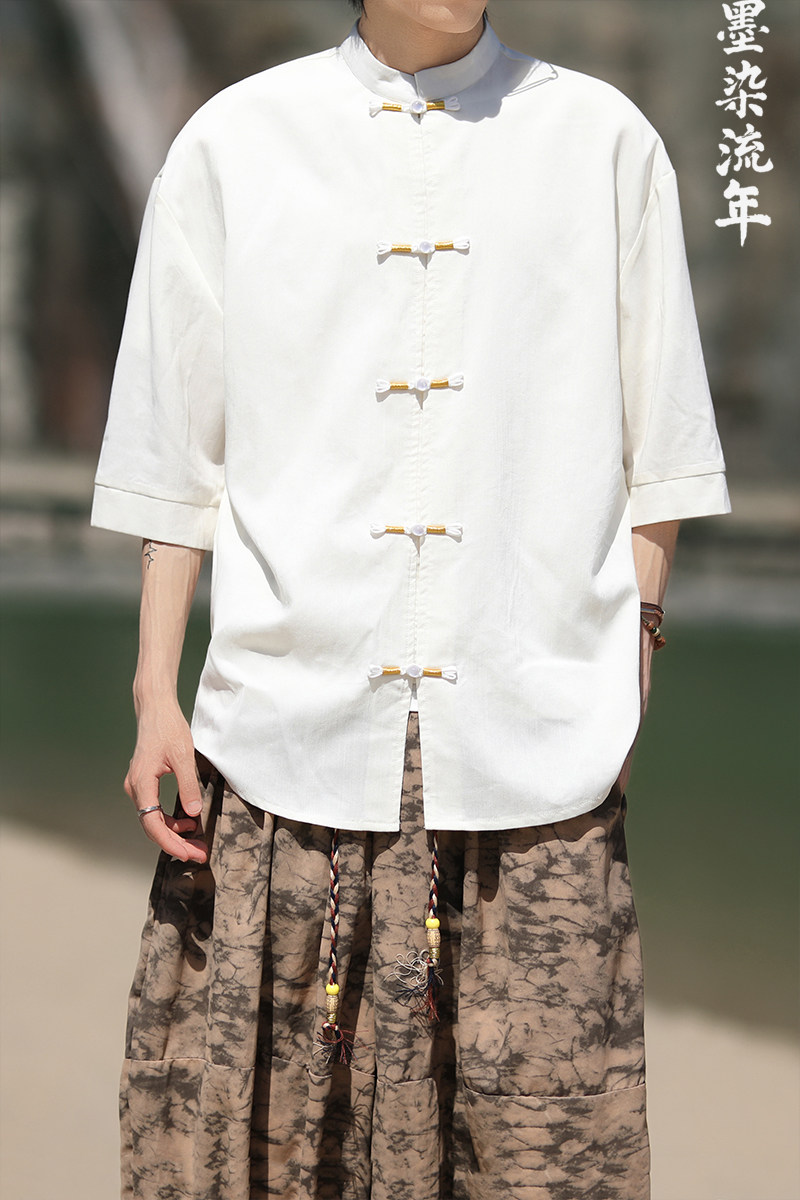 跑量竹节仿麻百搭单色夏2025风汉服短袖衬衫/衬衣A810-p45,男装T恤,钱塘7008(原4008)