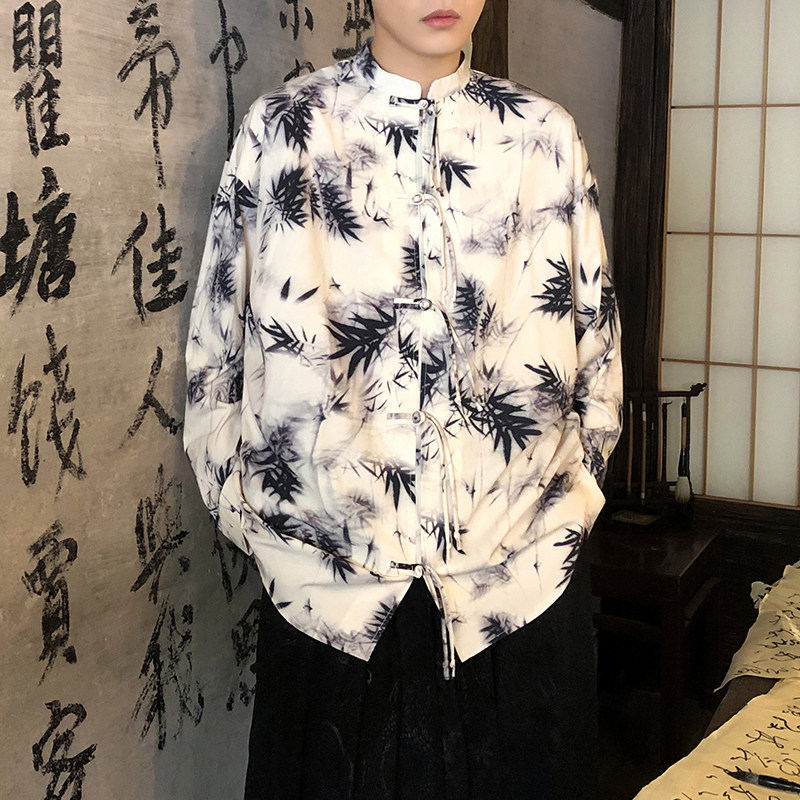 有货！新中式2026春水墨竹风汉服盘扣长袖衬衫A905*P68，男装衬衫，钱塘7008(原4008)