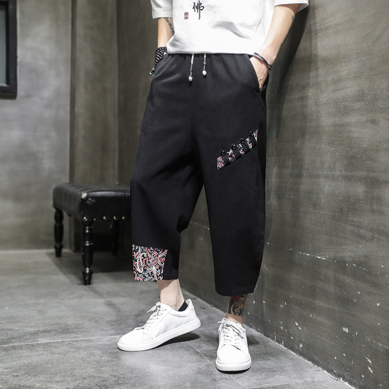 A1063撞色设计中国风2021夏款 宽松 棉麻 男七分裤P50图片