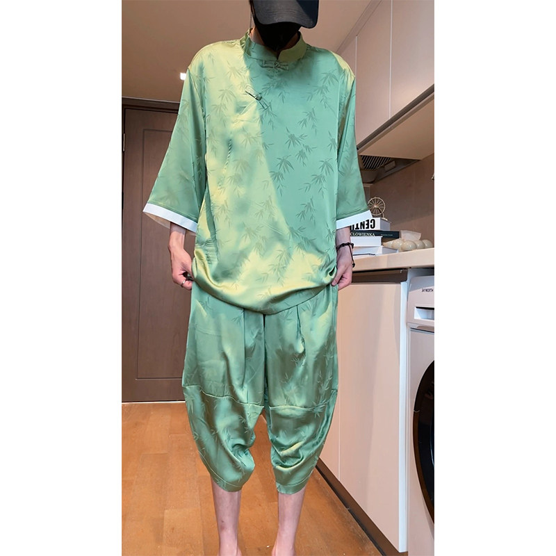 风夏季2026冰丝盘扣树叶提花顺滑短袖套装特价-A9003-p70,男装T恤,钱塘7008(原4008)