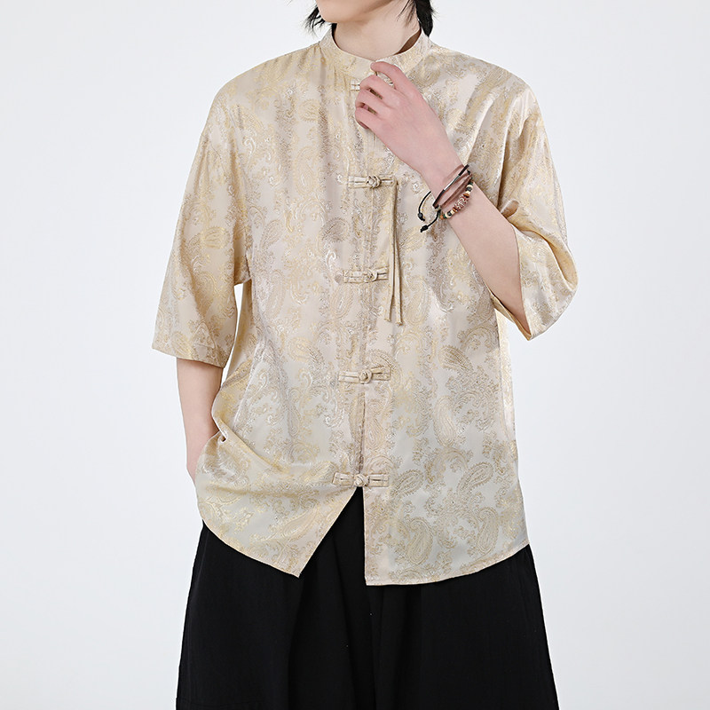 2色八角提花夏季新品2026风汉服短袖衬衫/衬衣A686-p48,男装T恤,钱塘7008(原4008)