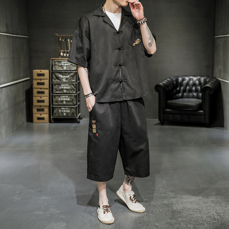 A2032*新品2021男装夏款衬衫领中国风短袖T恤套装P80,男装休闲套装,钱塘7008(原4008)