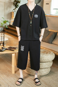 A1036*咖啡厅中国风2021夏装 抽象刺绣 短袖T恤+七分裤套装P80图片