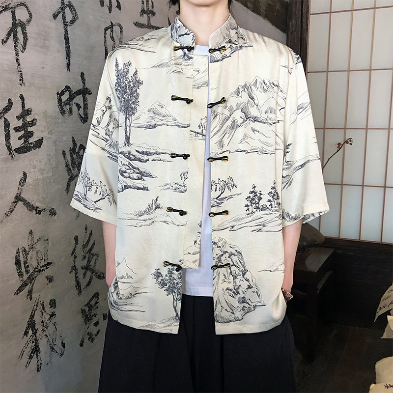 夏季新品2026风汉服短袖衬衫/衬衣A675-p65,男装T恤,钱塘7008(原4008)