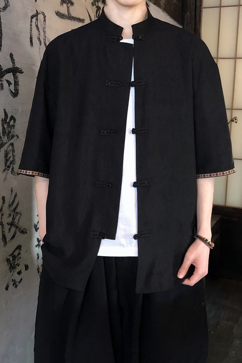 新品夏2026防皱冰丝3色风汉服短袖衬衫/衬衣A670-p60,男装T恤,钱塘7008(原4008)
