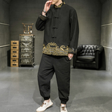 A2029中国风2021爆款撞色刺绣棉麻汉服套装P125，男装民族服装，钱塘7008(原4008)