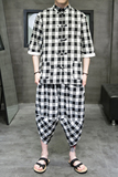 A3025*大码2021中国风棉麻对格子开衫汉服套装p95，男装休闲套装，钱塘7008(原4008)