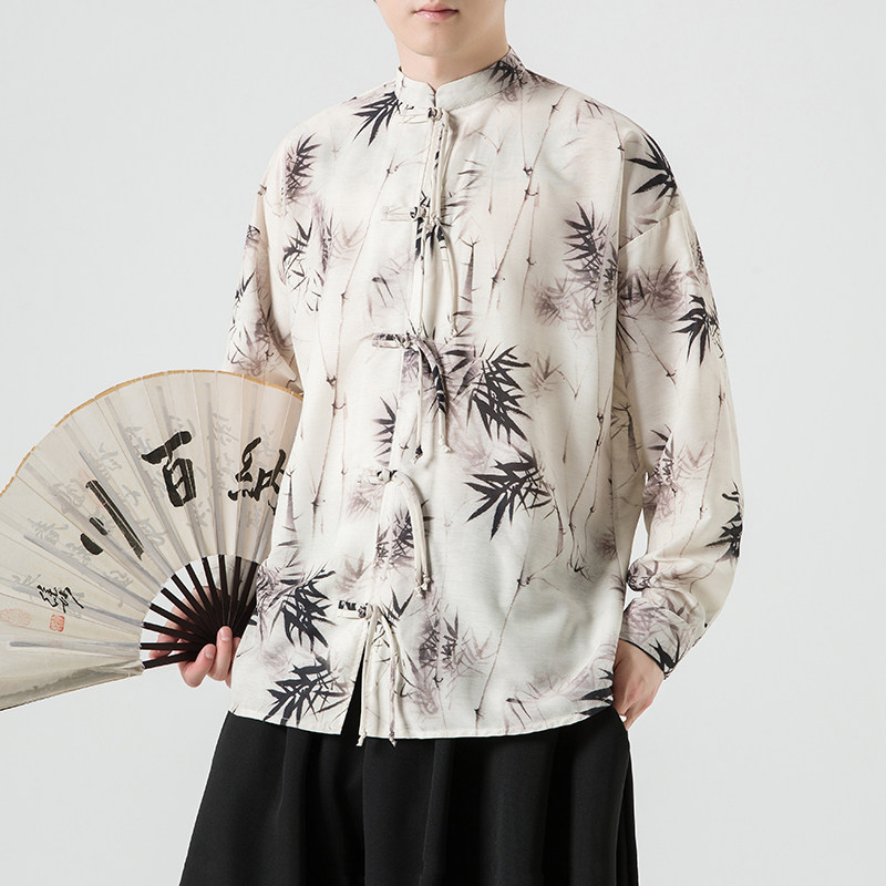 新中式2026春水墨竹白底风汉服盘扣长袖衬衫A905*P68,男装衬衫,钱塘7008(原4008)