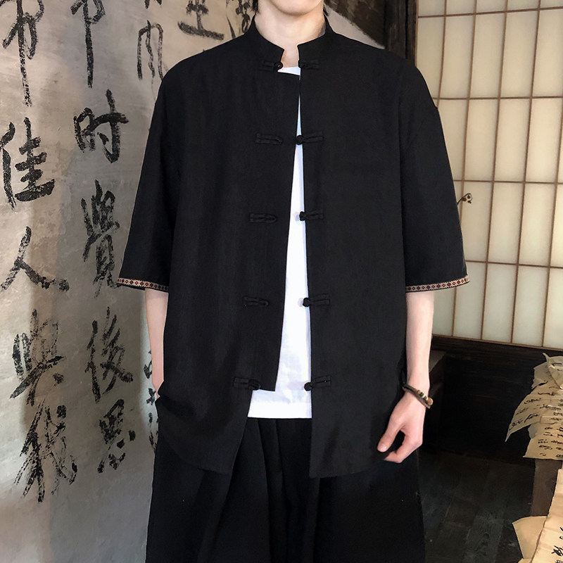 新品夏2025防皱冰丝3色风汉服短袖衬衫/衬衣A670-p60,男装衬衫,钱塘7008(原4008)