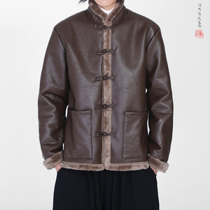 冬2025新中式加绒加厚盘扣外套 保暖PU皮毛一体棉衣外套A526-P148图片