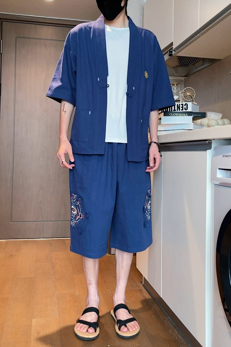 新夏2025大码风刺绣款开衫套装汉服套装A730*p100,男装休闲套装,钱塘7008(原4008)