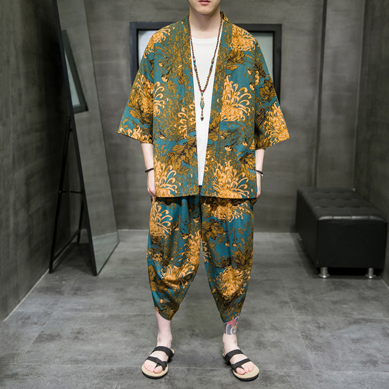 A3003*大码2021中国风夏季男装棉麻印花开衫套装汉服套装p80，男装休闲套装，钱塘7008(原4008)