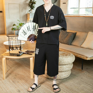 A1036*咖啡厅中国风2021夏装 抽象刺绣 短袖T恤+七分裤套装P80图片