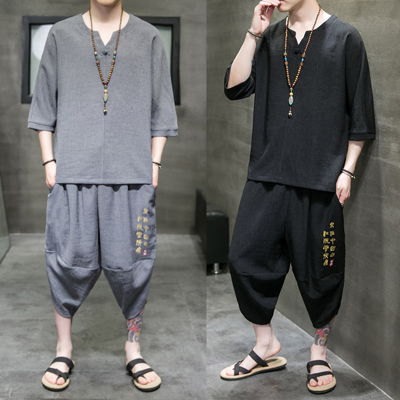 风夏季2023冰丝树皮皱T恤+七分裤哈伦裤套装A3002-P85,男装休闲套装,钱塘7008(原4008)