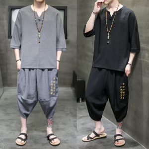 风夏季2023冰丝树皮皱T恤+七分裤哈伦裤套装A3002-P85,夏季500元穿搭示范图片