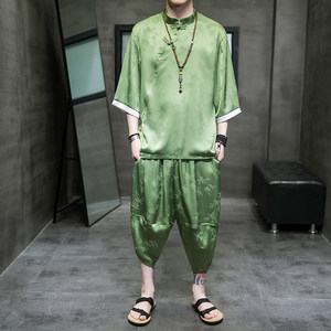 风夏季2026 冰丝盘扣 树叶提花 顺滑短袖套装特价-A9003-p70，男装T恤，钱塘7008(原4008)