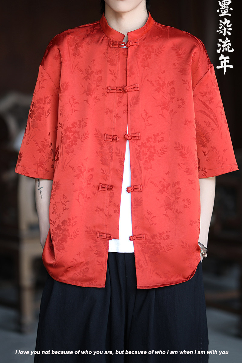 麦穗提花夏季新品2025风汉服短袖衬衫/衬衣A677-p65,男装衬衫,钱塘7008(原4008)