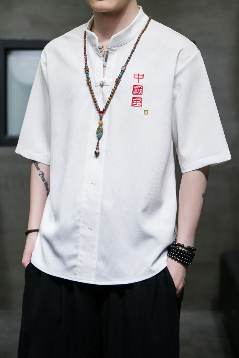 现货特P50冰丝白色V领风夏2026汉服男士短袖T恤A861,男装T恤,钱塘7008(原4008)