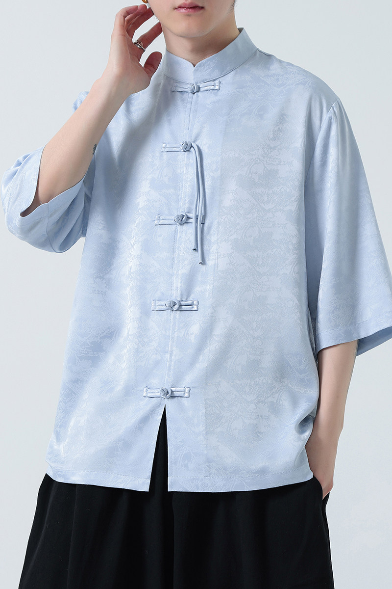 风冰丝面料夏季2026新中式短袖汉服/唐装衬衫A627*p65,男装T恤,钱塘7008(原4008)