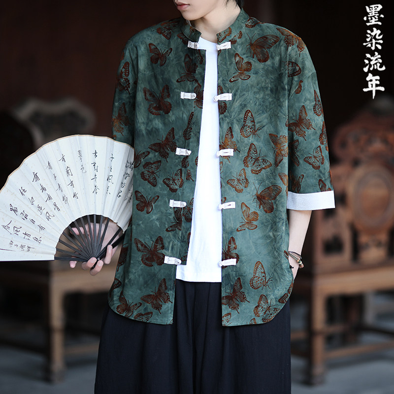 植绒提花蝴蝶设计夏2025风汉服短袖衬衫/衬衣A825-p68,男装衬衫,钱塘7008(原4008)