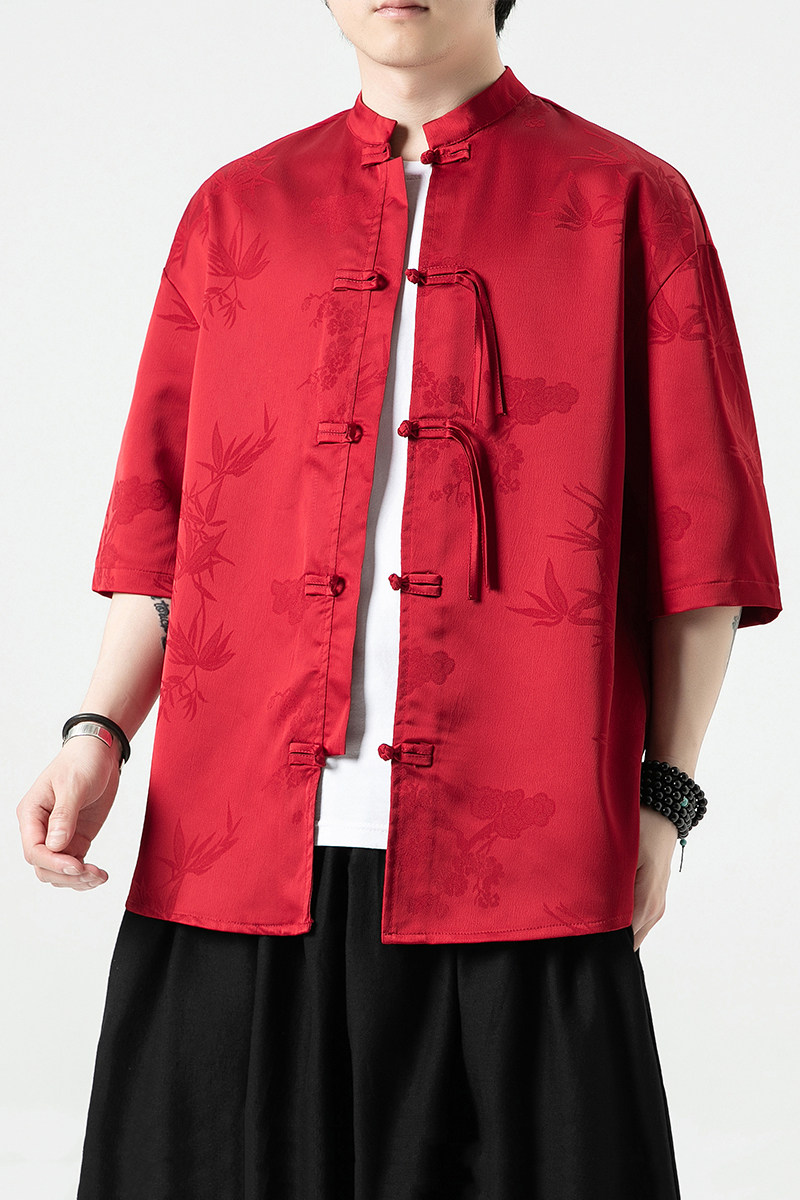 过年大红冰丝竹子夏风2026盘扣短袖汉服衬衫A890-p65,男装T恤,钱塘7008(原4008)