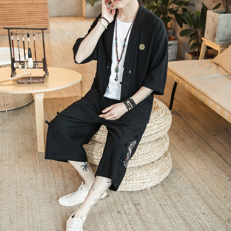 A730*咖啡厅男装2021大码中国风刺绣开衫套装汉服套装p100,男装休闲套装,钱塘7008(原4008)
