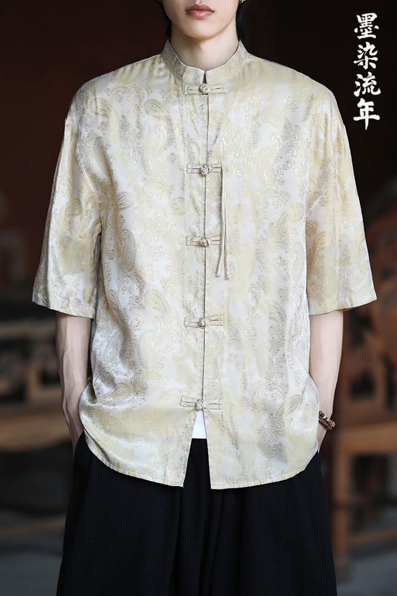 2色八角提花夏季新品2025风汉服短袖衬衫/衬衣A686-p48,男装衬衫,钱塘7008(原4008)