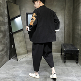 A1072初秋中国风大龙刺绣款开衫盘扣汉服短袖套装p110，男装套装，钱塘7008(原4008)