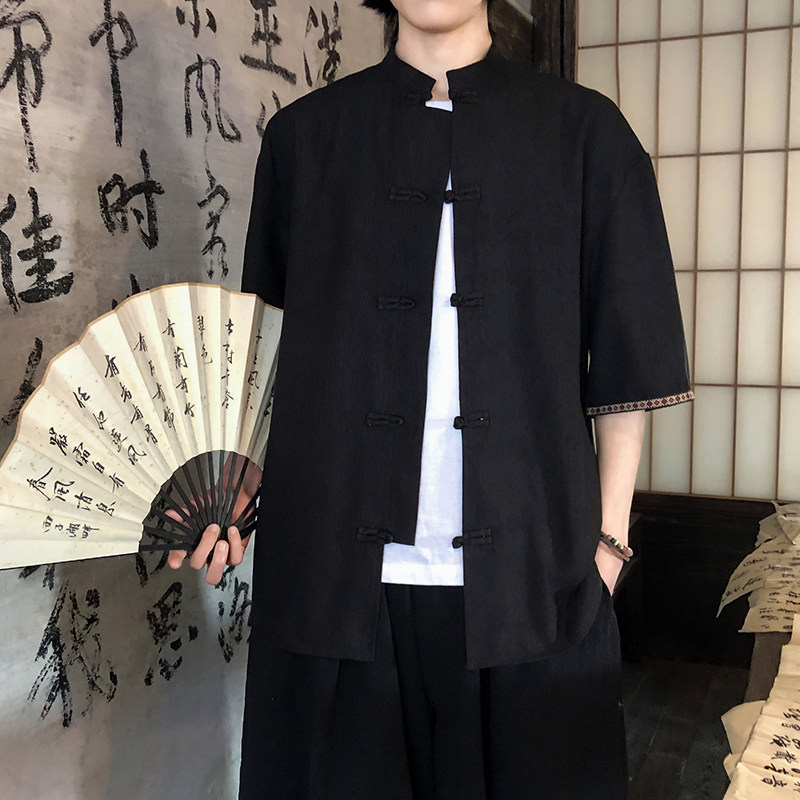 新品夏2025防皱冰丝3色风汉服短袖衬衫/衬衣A670-p60,男装衬衫,钱塘7008(原4008)