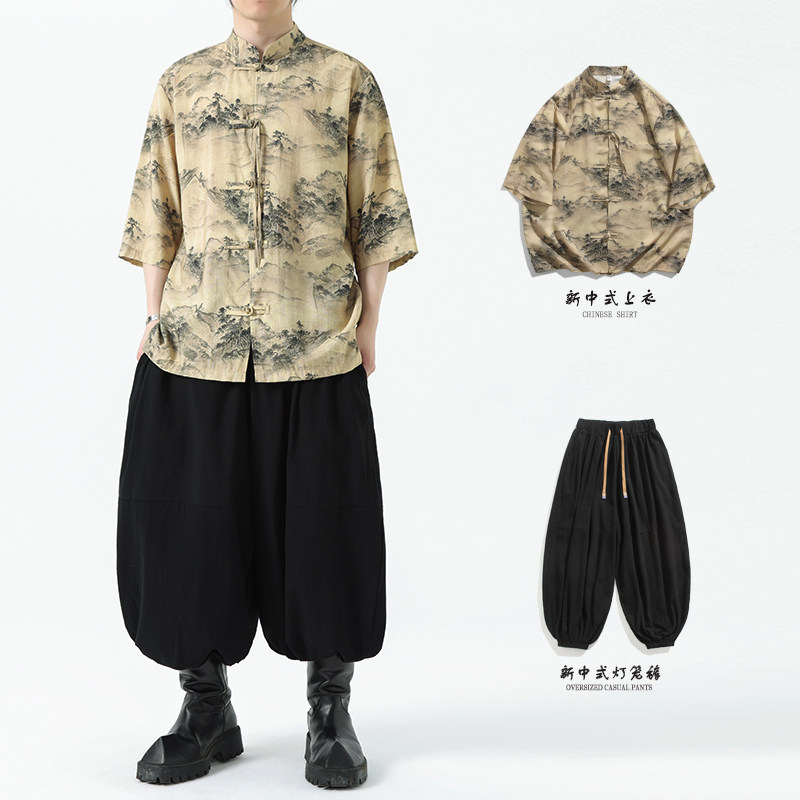 现货特P502026夏季男装风唐装汉服新中式短袖衬衣A681,男装T恤,钱塘7008(原4008)