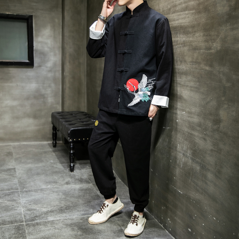 A1013中国风秋冬2020飞鹤刺绣棉麻盘扣/唐装/汉服套装P130，男装民族服装，钱塘7008(原4008)