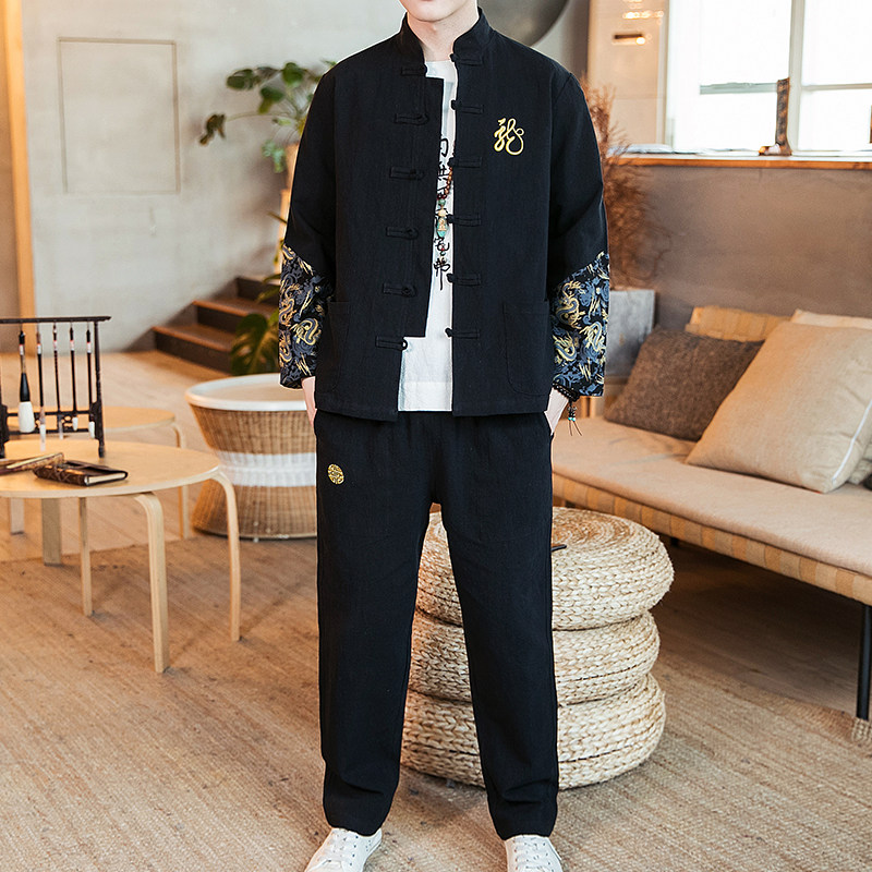 A702中国风2021春套装刺绣款龙盘扣棉麻汉服套装P120,男装民族服装,钱塘7008(原4008)
