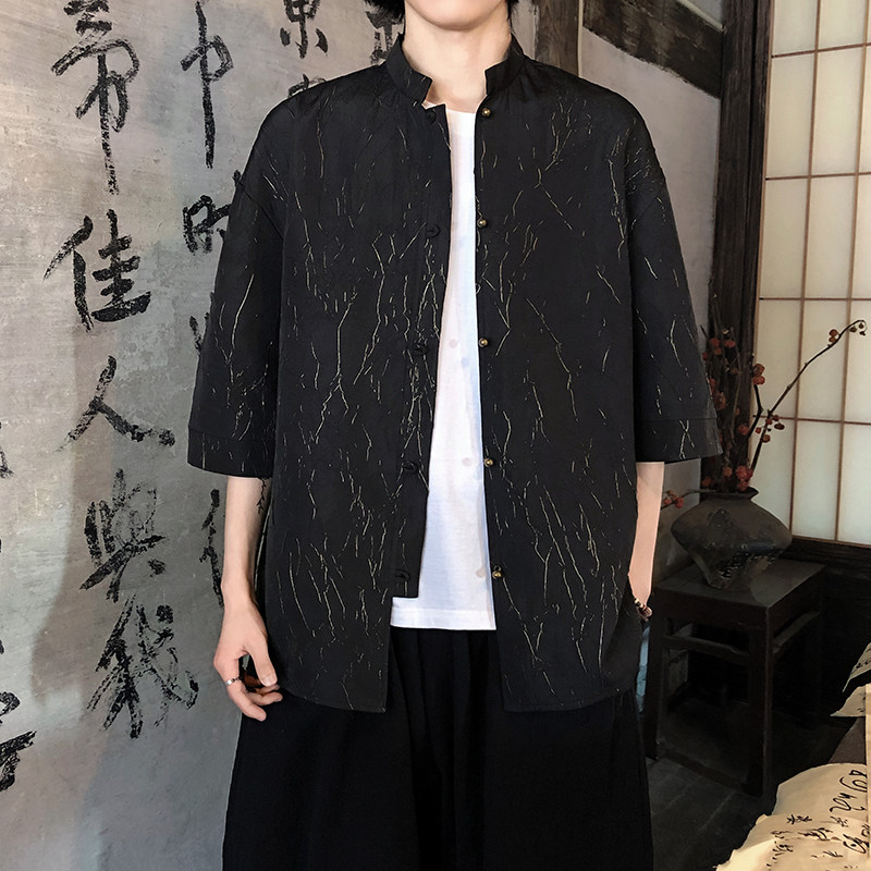 烫金褶皱设计夏季新品2026风汉服短袖衬衫/衬衣A811-p65,男装T恤,钱塘7008(原4008)