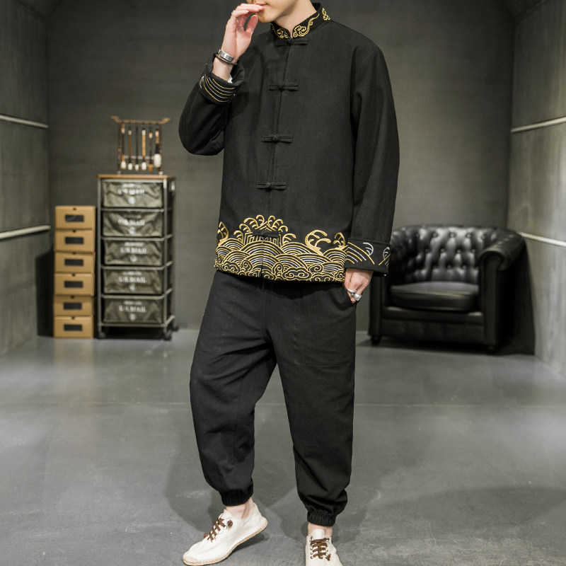 A2029主推中国风2021爆款3色撞色刺绣棉麻汉服套装P125,男装民族服装,钱塘7008(原4008)