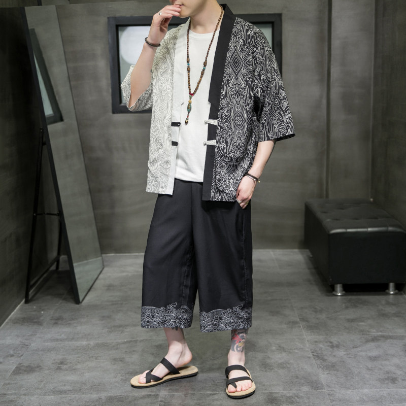 A3017*大码2021中国风对拼色冰丝面料开衫套装汉服套装p90，男装休闲套装，钱塘7008(原4008)