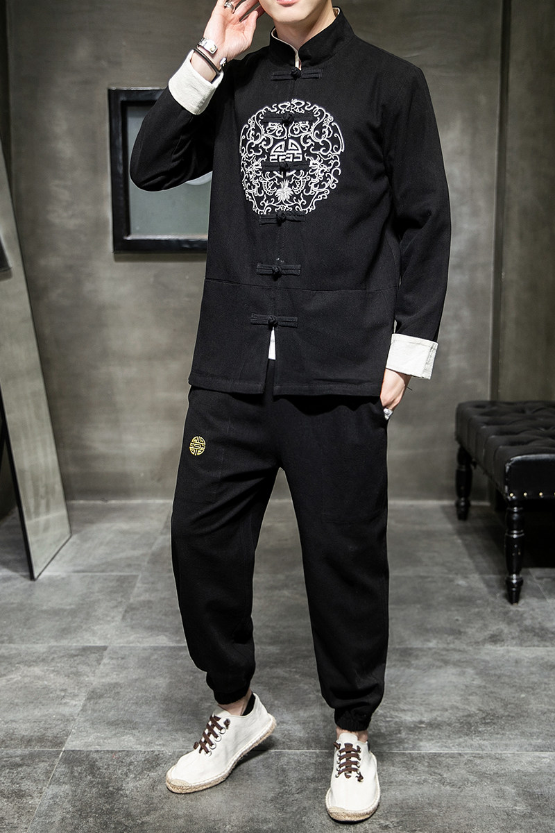 A1002秋冬中国风2020圆刺绣棉麻盘扣/唐装/汉服套装P130,男装民族服装,钱塘7008(原4008)