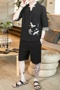 A1025*新品咖啡厅中国风2021 仙鹤 短袖T恤+五分裤套装P95图片