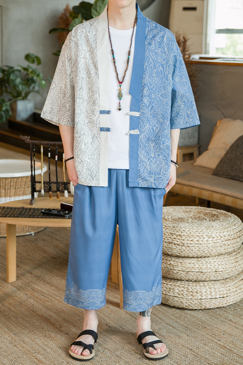 A3017*咖啡厅中国风夏季冰丝开衫套装汉服套装p90,男装休闲套装,钱塘7008(原4008)
