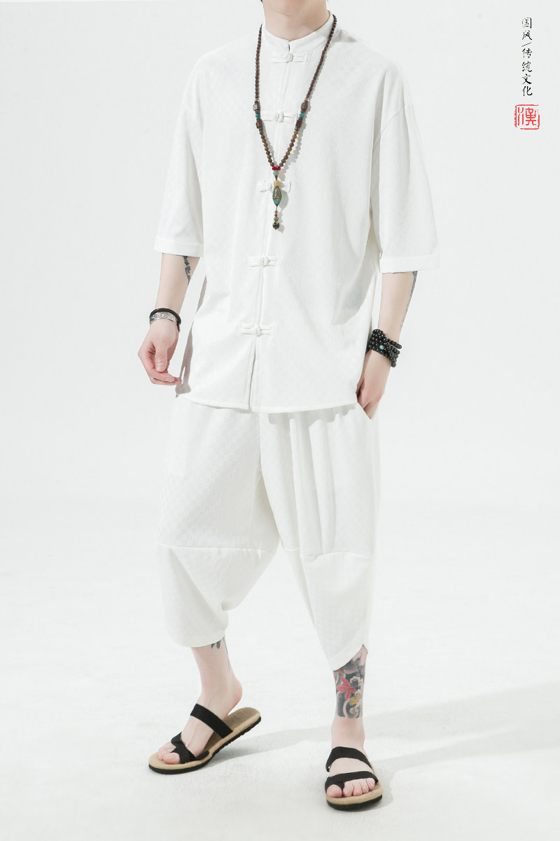 2026风夏季方格提花冰丝垂感短袖汉服套装A9002-p70,男装T恤,钱塘7008(原4008)