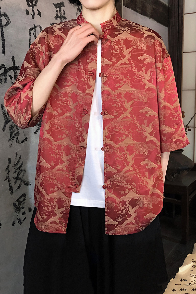 仙鹤提花夏季新品2026风汉服短袖衬衫/衬衣A678-p65,男装T恤,钱塘7008(原4008)
