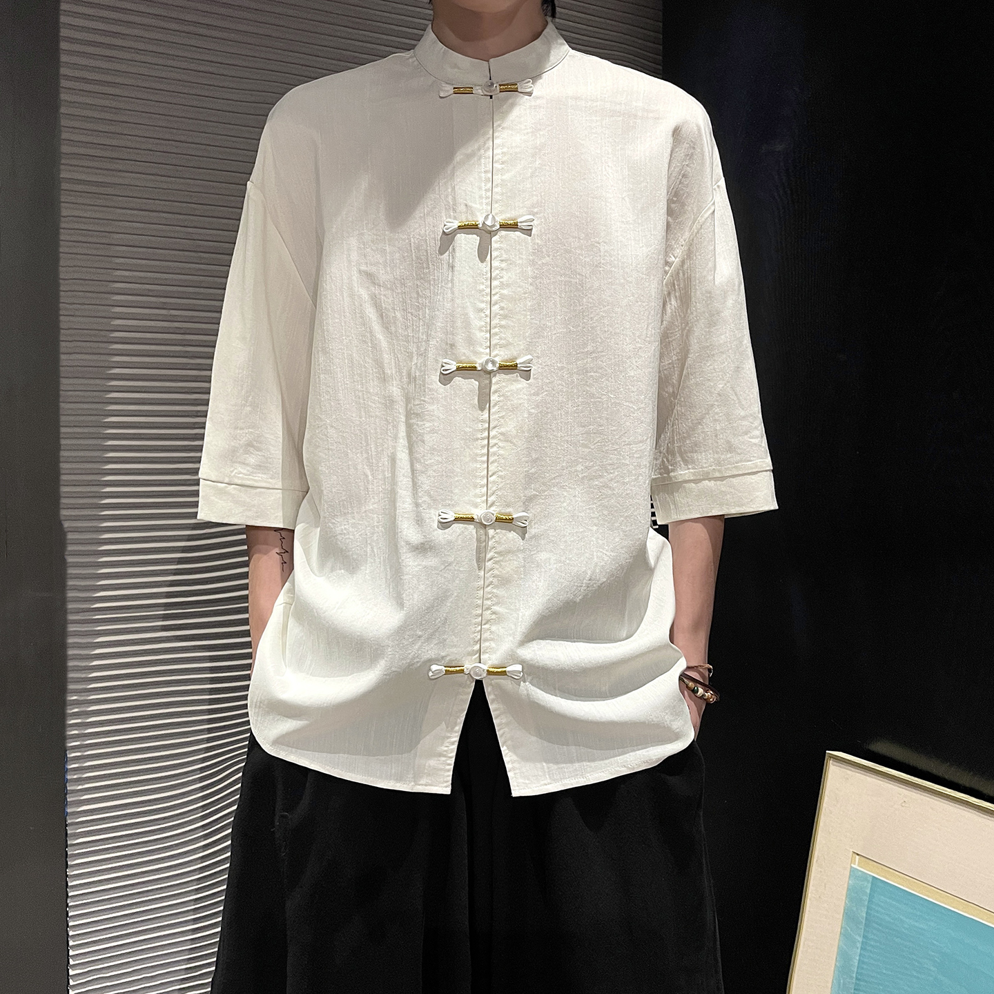 跑量竹节仿麻百搭单色夏2025风汉服短袖衬衫/衬衣A810-p45，男装T恤，钱塘7008(原4008)