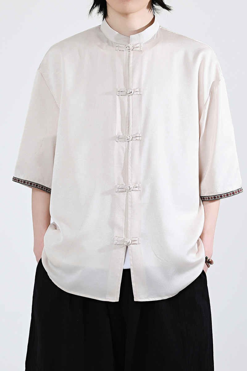 新品夏2026防皱冰丝3色风汉服短袖衬衫/衬衣A670-p60,男装T恤,钱塘7008(原4008)