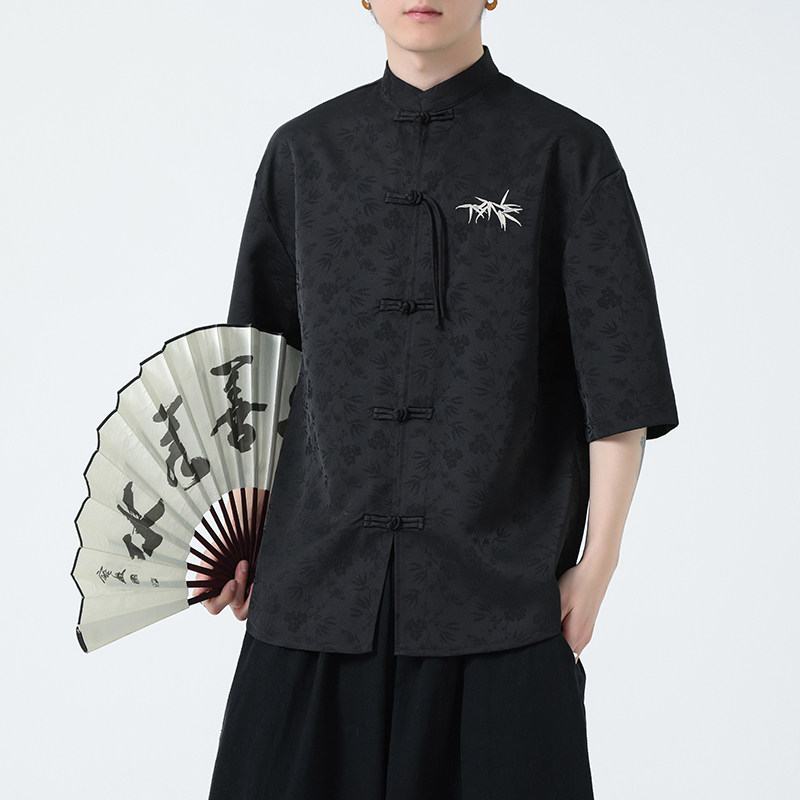 风冰丝醋酸刺绣款夏季2026新中式短袖衬衫/衬衣A631*p65,男装T恤,钱塘7008(原4008)