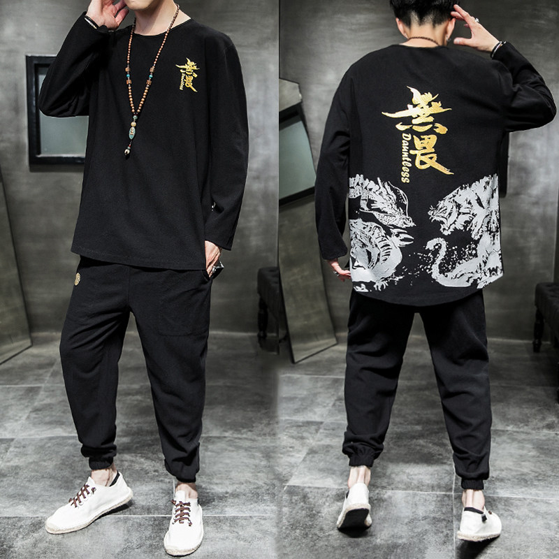 A797*2021秋冬风无畏棉麻长袖束脚裤套装，男装休闲套装，钱塘7008(原4008)