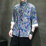 特价3色有货风2026夏小碎花冰丝盘扣短袖衬衣A880*p45，男装T恤，钱塘7008(原4008)