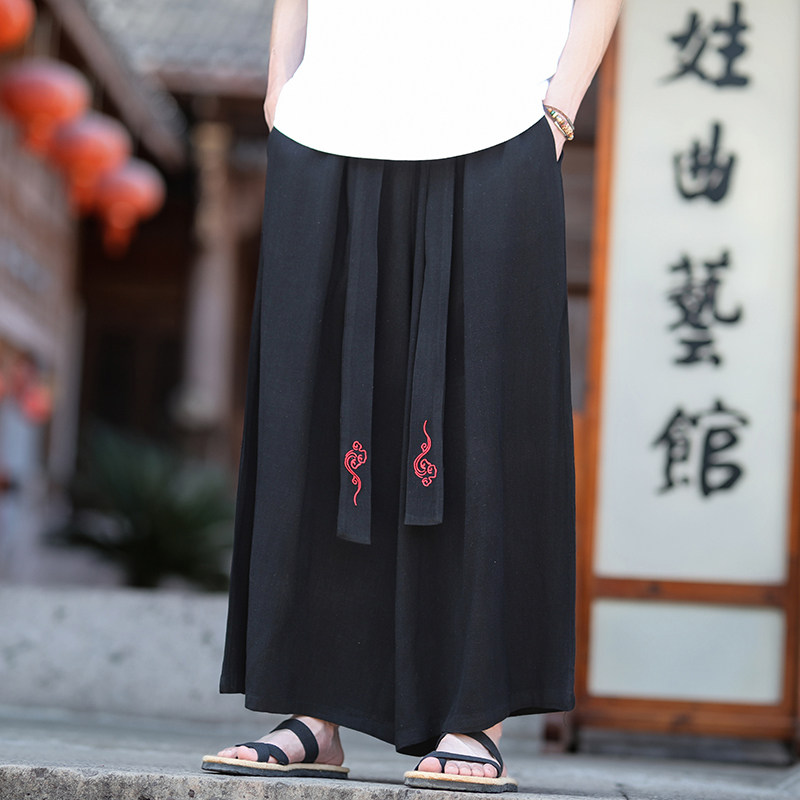 亚麻 2026春新中式祥云刺绣 宽松版 阔腿裤长裤 休闲裤A102-p70图片