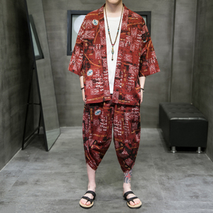A3004*大码中国风新品 沙滩休闲 3色 棉麻印花 开衫 汉服套装p80图片