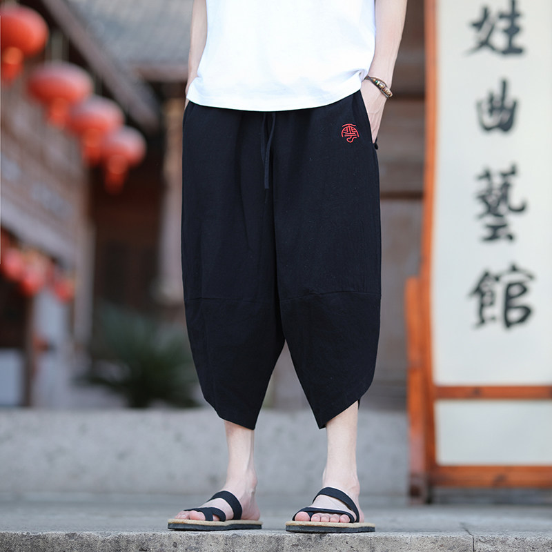 夏新款风2026夏男刺绣宽松棉麻哈伦裤七分裤K08P55，男装牛仔裤，钱塘7008(原4008)