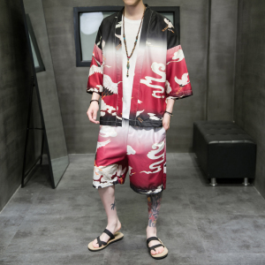 A3028*大码夏季男2021中国风 仙鹤 沙滩 冰丝面料 汉服套装p80图片